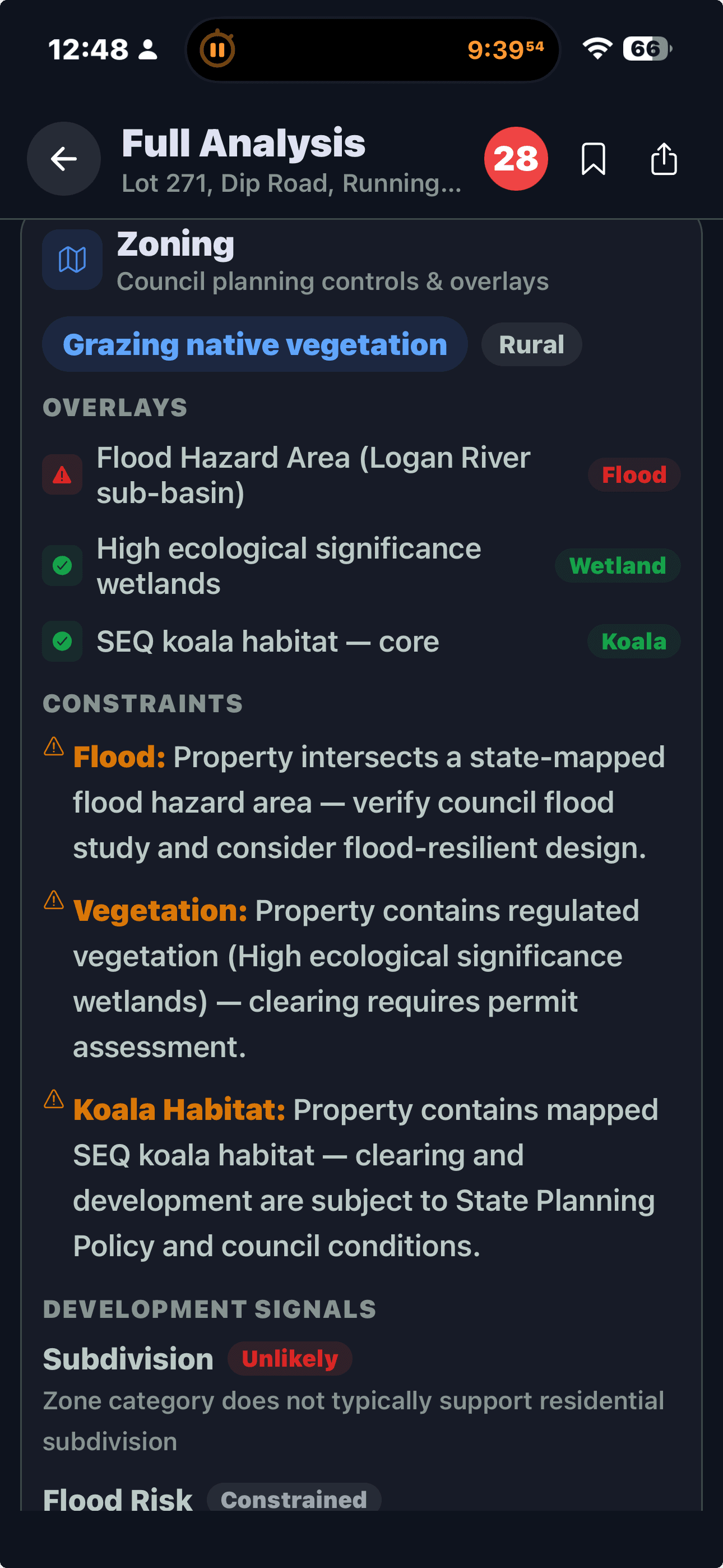 FlipPro AI detecting three council overlays on a single rural property — Flood Hazard Area, High Ecological Significance Wetlands, and SEQ Koala Habitat Core — with the consequences of each spelled out