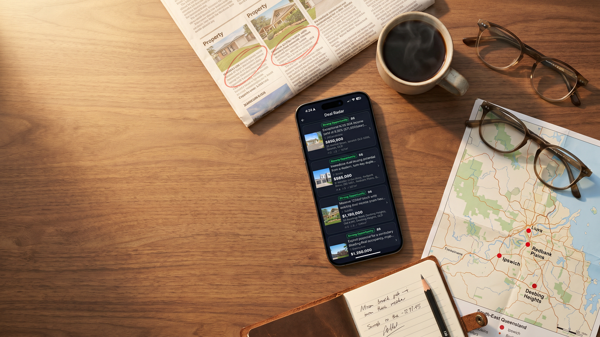 iPhone showing FlipPro's Deal Radar feed of four scored Australian property opportunities in Queensland, on a walnut workbench in a morning-brief composition with a folded financial newspaper showing circled listings, coffee mug, horn-rimmed reading glasses and a paper map of South-East Queensland