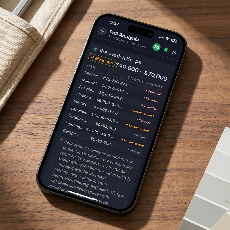 FlipPro AI Full Analysis Renovation Scope showing Moderate $40,000–$70,000 with itemised priorities for Kitchen, Main bathroom, Ensuite, Flooring, Interior, Landscaping, Outdoor, Lighting and Garage tagged Essential, Recommended or Optional